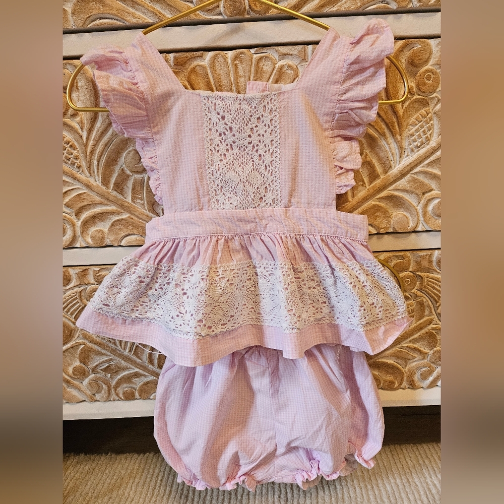 Smockingbird Pink And White Gingham Ruffled Baby 2 Piece Set with Lace Detail